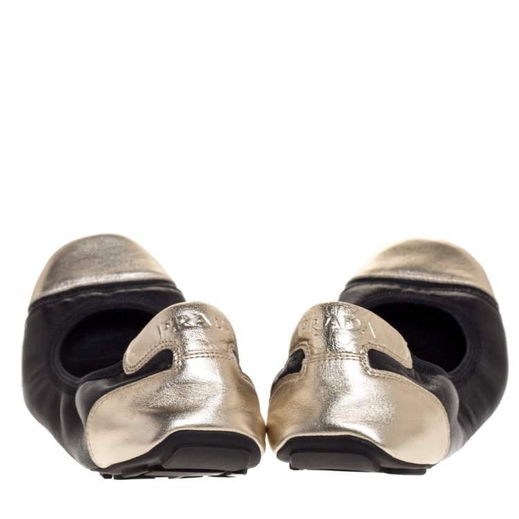 Pre Owned Prada Sport Black/Silver Leather Scrunch Ballet Flats Size 38.5