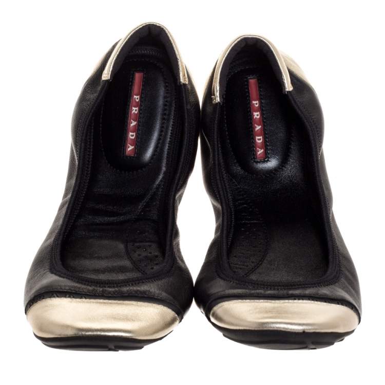 Pre Owned Prada Sport Black/Silver Leather Scrunch Ballet Flats Size 38.5
