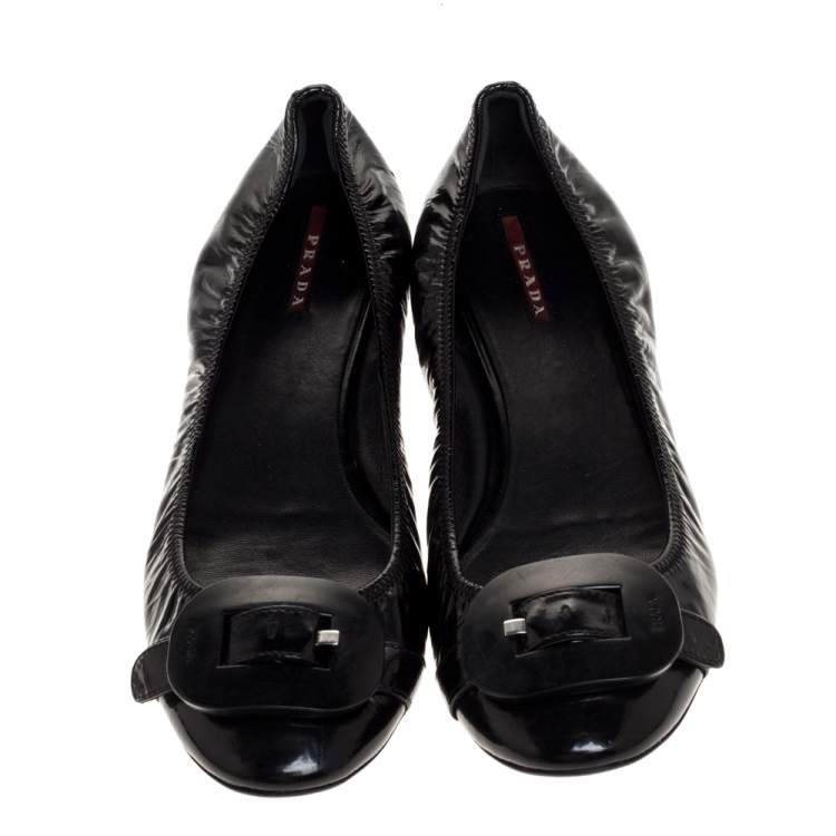 Pre Owned Prada Sports Black Patent Leather Buckle Ballet Flats Size 40.5