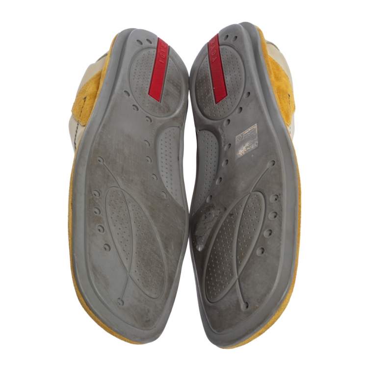 Pre Owned Prada Sport Grey/Yellow Mesh And Leather Slip On Sneakers Size 39