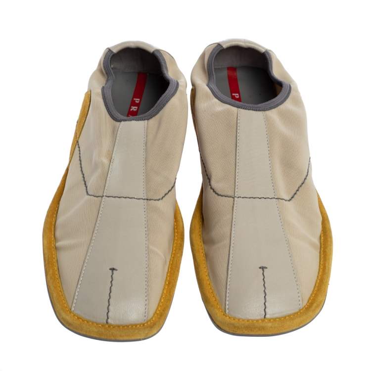 Pre Owned Prada Sport Grey/Yellow Mesh And Leather Slip On Sneakers Size 39