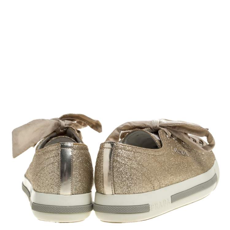 Pre Owned Prada Sport Gold Glitter And Leather Cap Toe Low Top Sneakers Size 36
