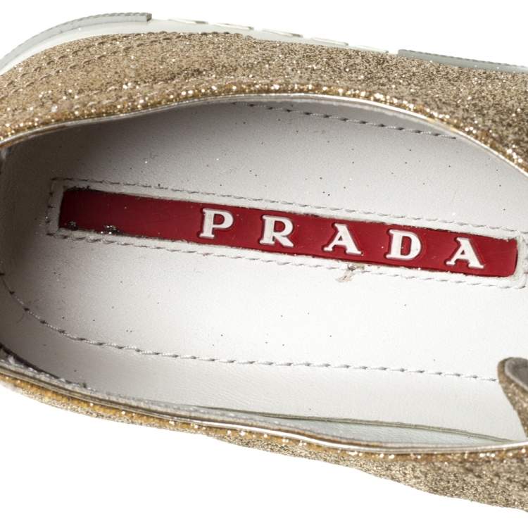 Pre Owned Prada Sport Gold Glitter And Leather Cap Toe Low Top Sneakers Size 36