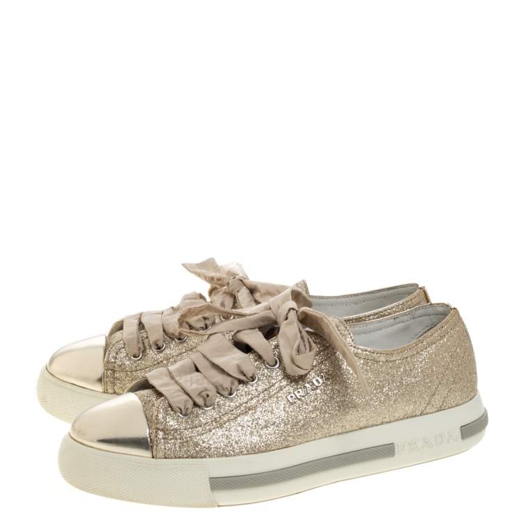 Pre Owned Prada Sport Gold Glitter And Leather Cap Toe Low Top Sneakers Size 36