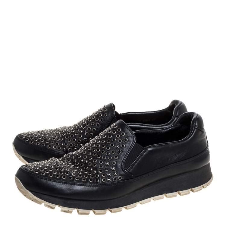 Pre Owned Prada Sport Black Leather Studded Slip On Sneakers Size 37