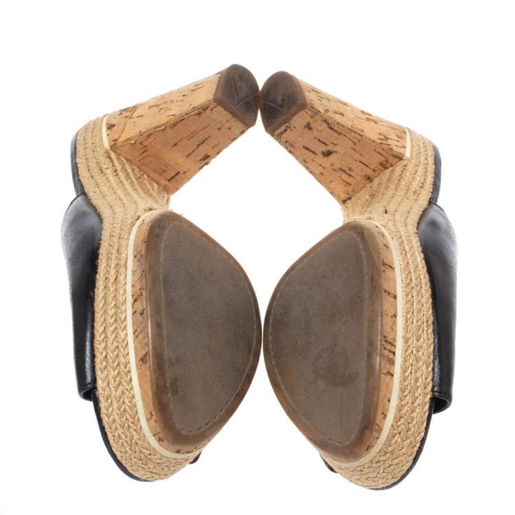 Pre Owned Prada Sport Black Leather Espadrille Cork Heel Slide Platform Sandals Size 38.5