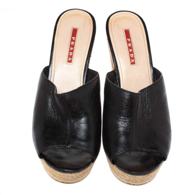 Pre Owned Prada Sport Black Leather Espadrille Cork Heel Slide Platform Sandals Size 38.5