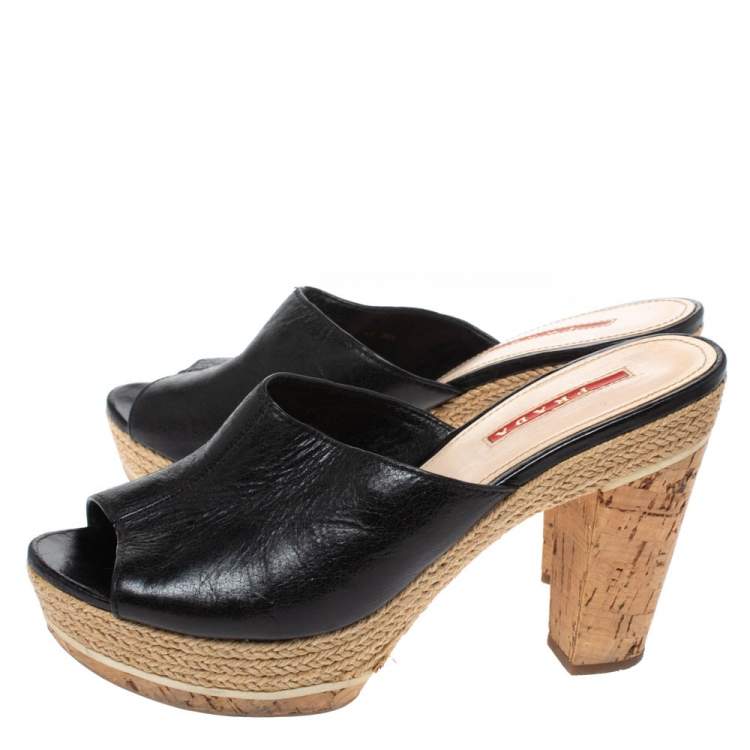 Pre Owned Prada Sport Black Leather Espadrille Cork Heel Slide Platform Sandals Size 38.5