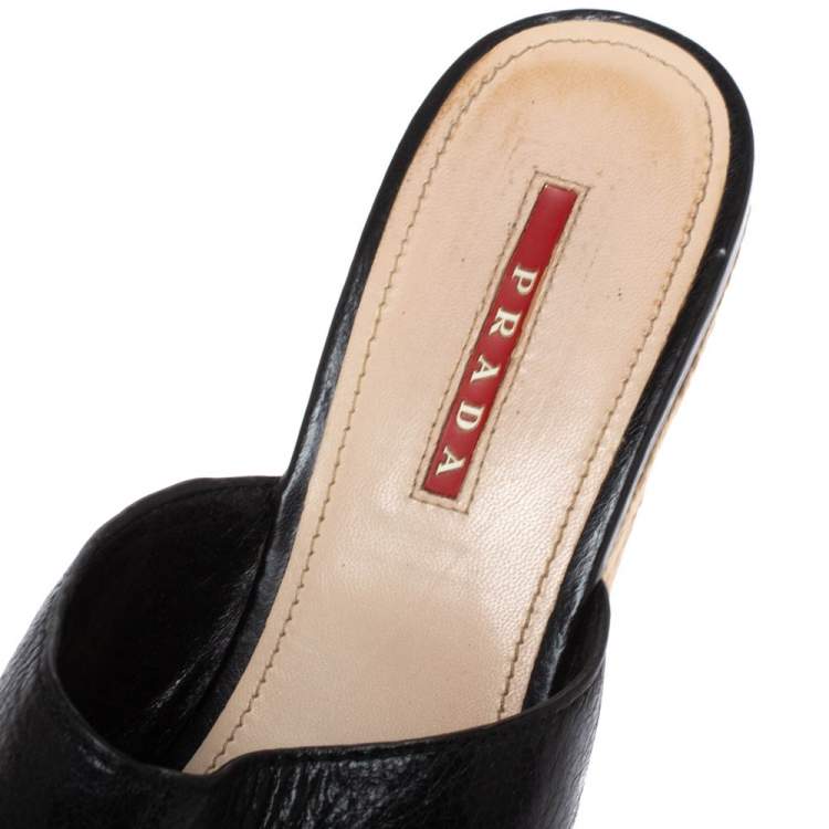 Pre Owned Prada Sport Black Leather Espadrille Cork Heel Slide Platform Sandals Size 38.5