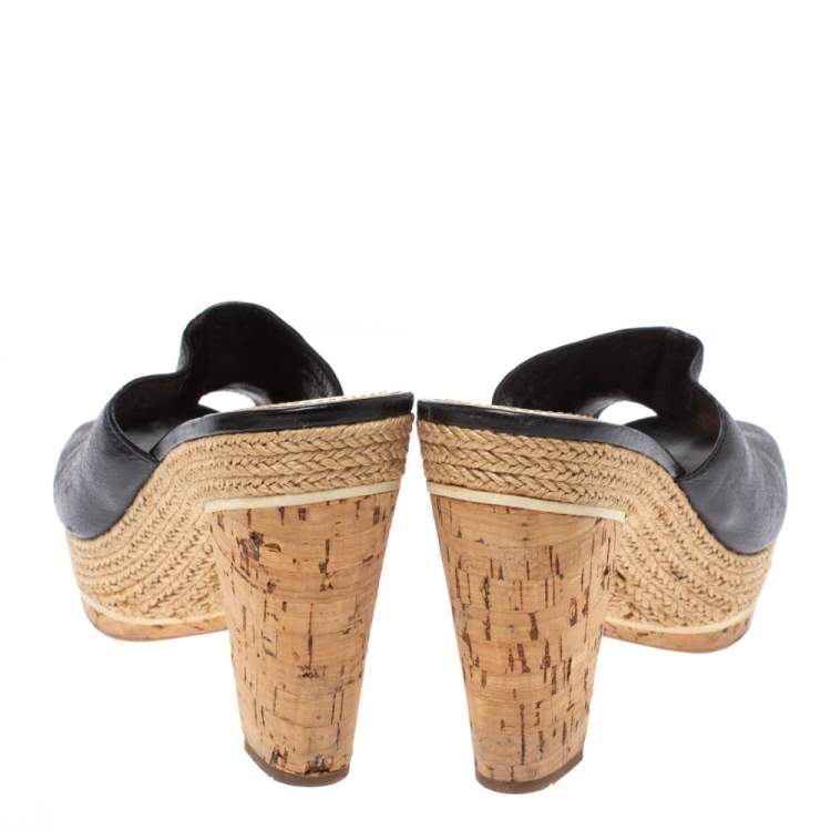 Pre Owned Prada Sport Black Leather Espadrille Cork Heel Slide Platform Sandals Size 38.5