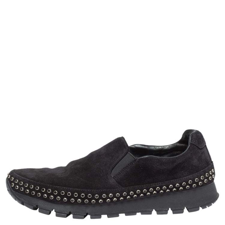 Pre Owned Prada Black Suede Leather Studded Sole Slip On Sneakers Size 39