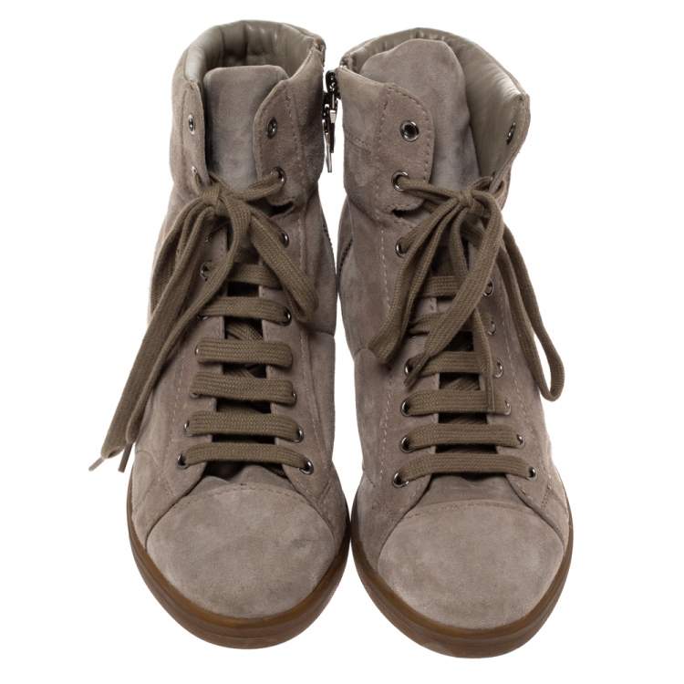 Pre Owned Prada Sport Grey Suede Leather Wedge High Top Sneakers Size 38.5