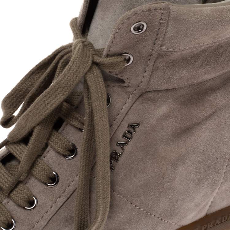 Pre Owned Prada Sport Grey Suede Leather Wedge High Top Sneakers Size 38.5