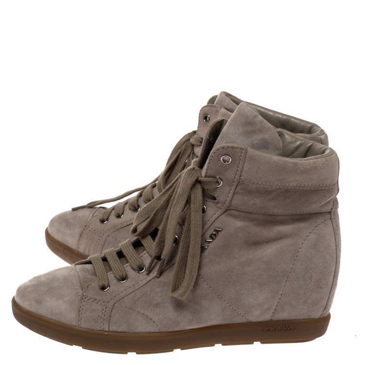 Pre Owned Prada Sport Grey Suede Leather Wedge High Top Sneakers Size 38.5