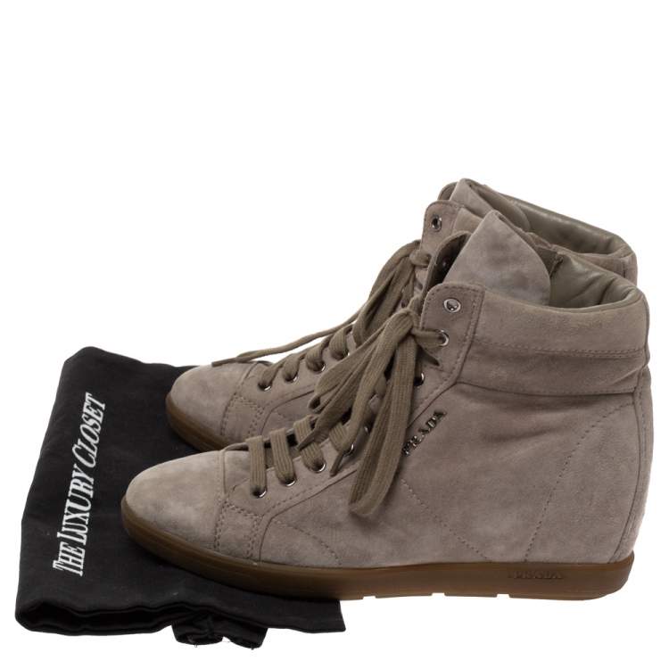 Pre Owned Prada Sport Grey Suede Leather Wedge High Top Sneakers Size 38.5