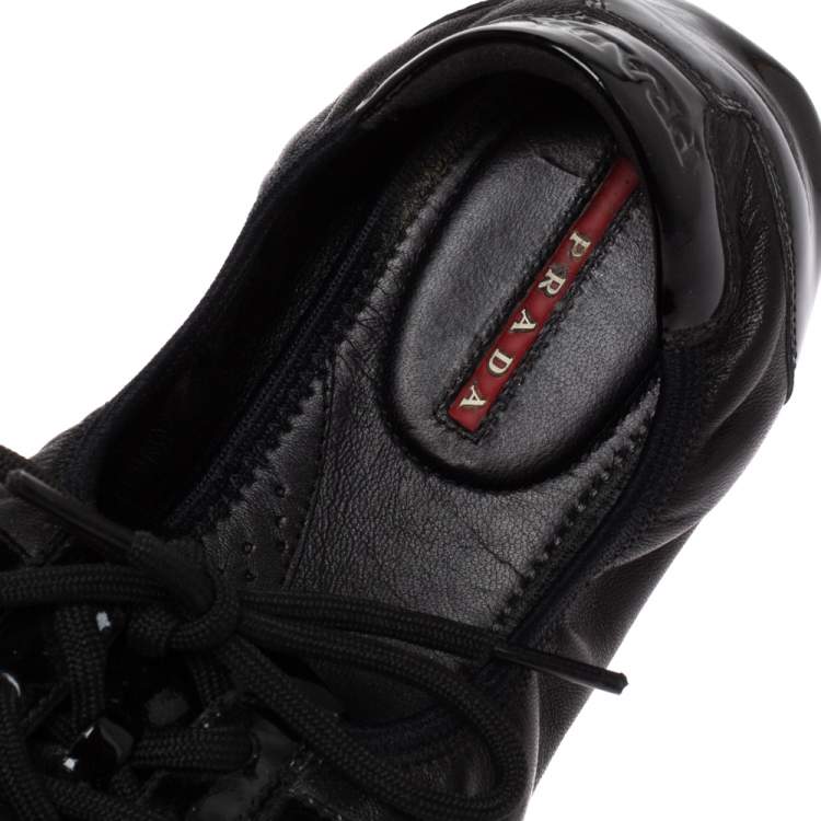 Pre Owned Prada Sport Black Patent and Leather Scrunch Lace Up Sneakers Size 39