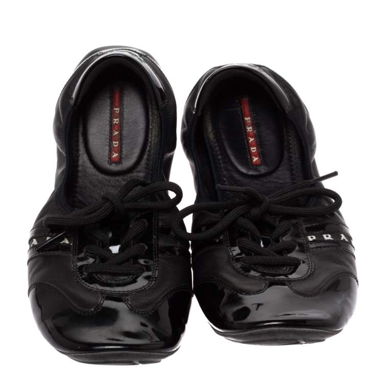 Pre Owned Prada Sport Black Patent and Leather Scrunch Lace Up Sneakers Size 39