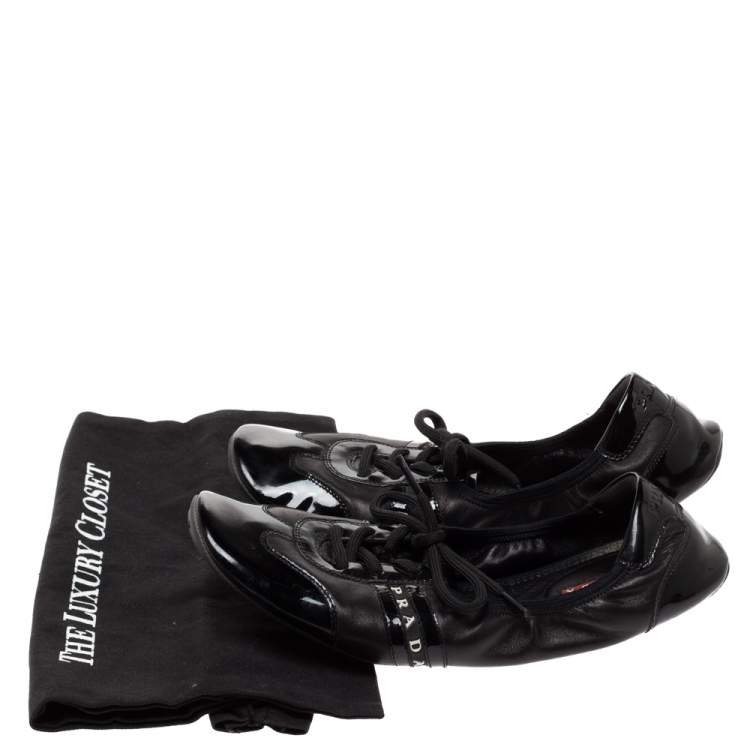 Pre Owned Prada Sport Black Patent and Leather Scrunch Lace Up Sneakers Size 39