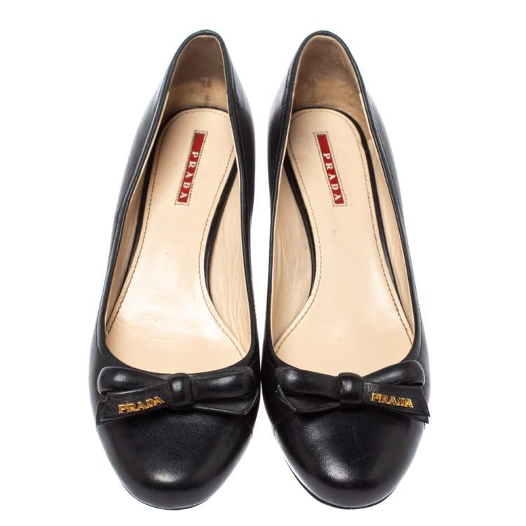 Pre Owned Prada Sports Black Leather Bow Block Heel Round Toe Pumps Size 39