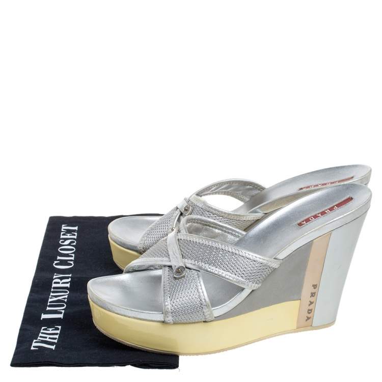 Pre Owned Prada Sports Silver Mesh And Leather Trim Cross Strap Wedge Platform Sandals Size 39