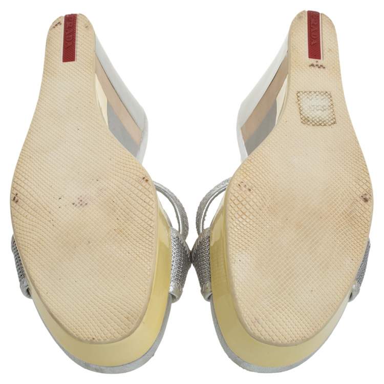 Pre Owned Prada Sports Silver Mesh And Leather Trim Cross Strap Wedge Platform Sandals Size 39