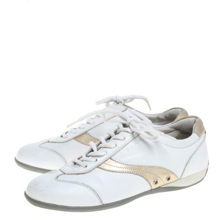 Pre Owned Prada Sports White Leather Lace Up Low Top Sneakers Size 35.5