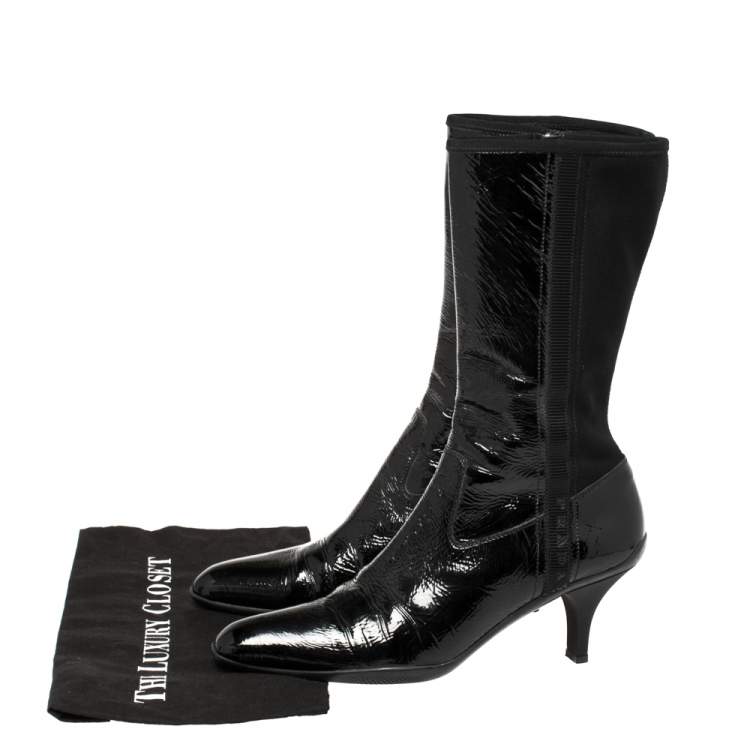 مملوكة مسبقًا Prada Sport Black Patent Leather And Fabric Mid-Length Boots Size 39.5 