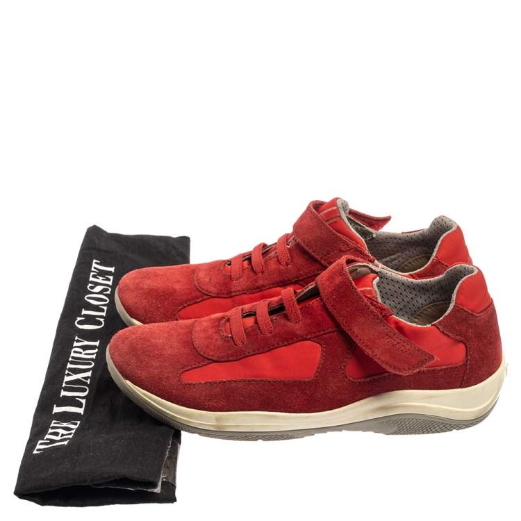 Pre Owned Prada Sport Red Suede and Nylon Low Top Sneaker Size 34