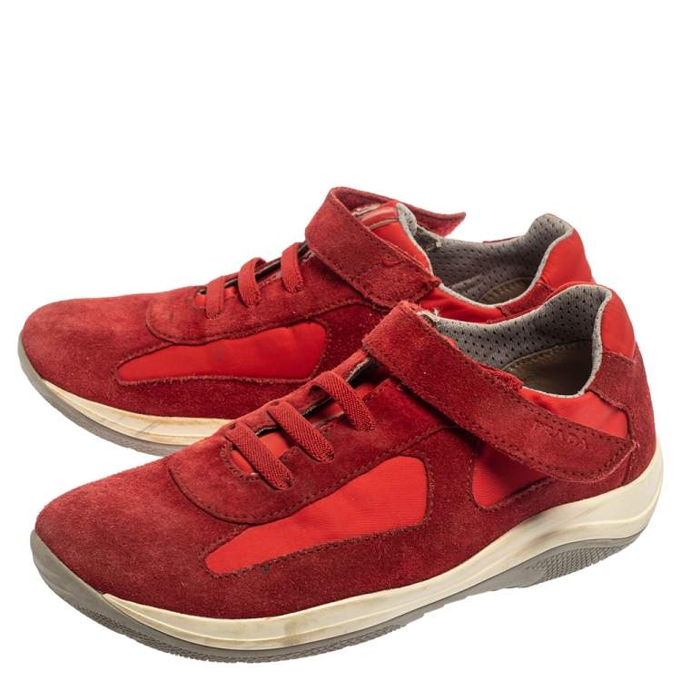 Pre Owned Prada Sport Red Suede and Nylon Low Top Sneaker Size 34