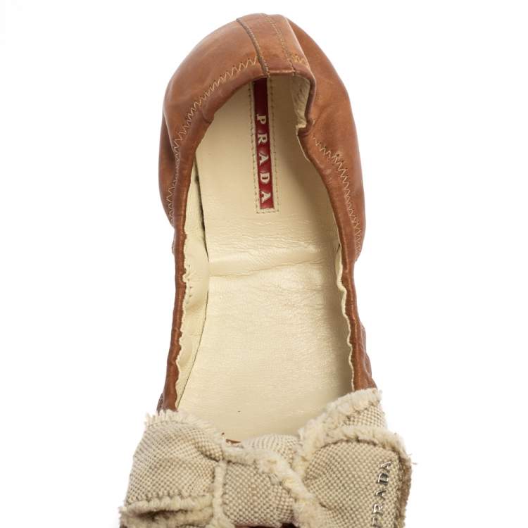 Pre Owned Prada Sport Brown/White Leather And Canvas Scrunch Bow Ballet Flats Size 37.5