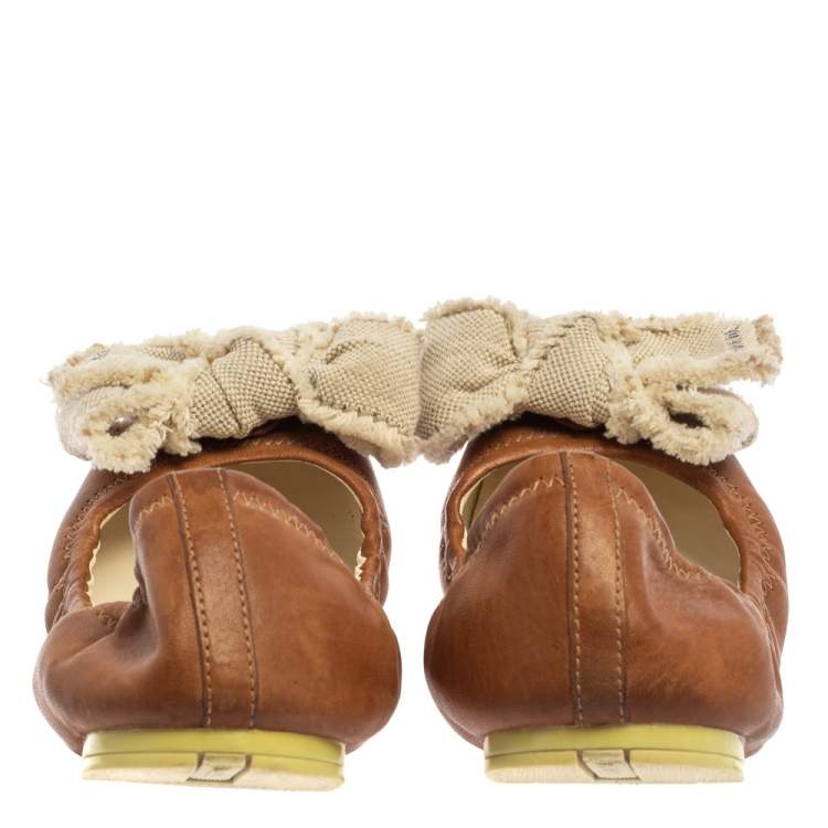Pre Owned Prada Sport Brown/White Leather And Canvas Scrunch Bow Ballet Flats Size 37.5