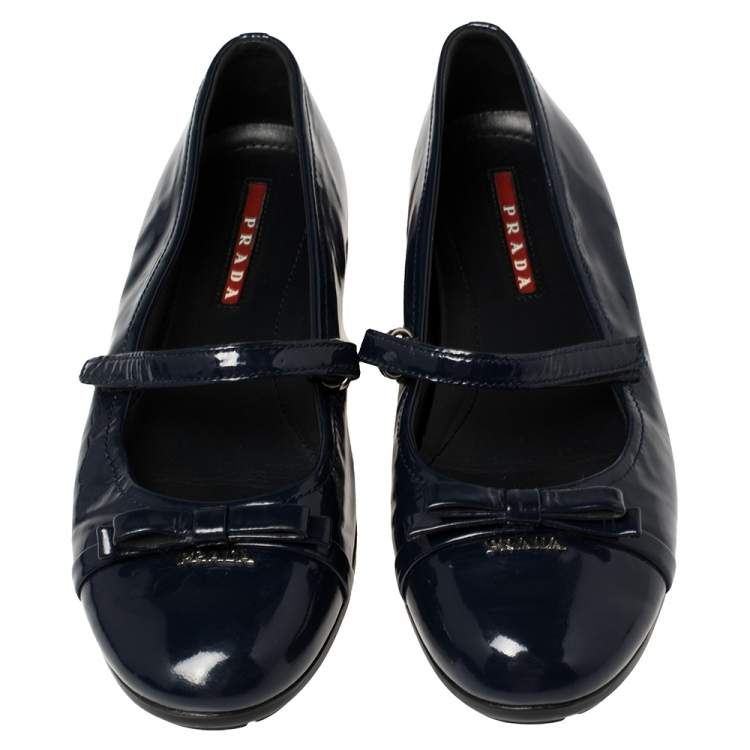Pre Owned Prada Sport Blue Patent Leather Mary Jane Bow Ballet Flats Size 35