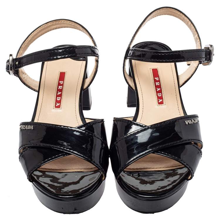 Pre Owned Prada Sport Black Patent Leather Platform Ankle Strap Sandals Size 36.5