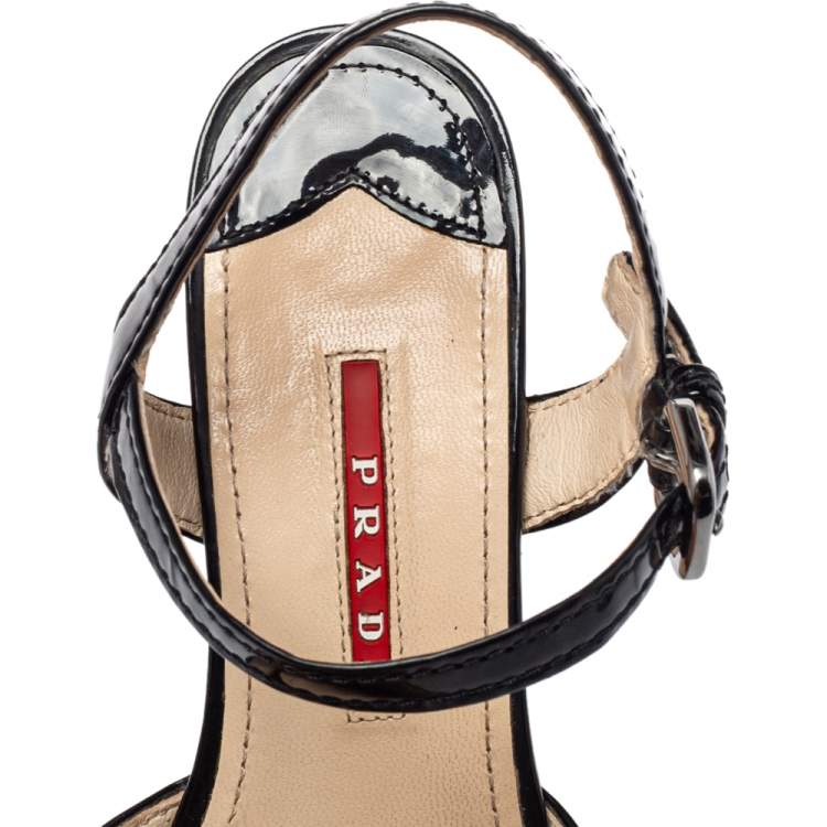 Pre Owned Prada Sport Black Patent Leather Platform Ankle Strap Sandals Size 36.5