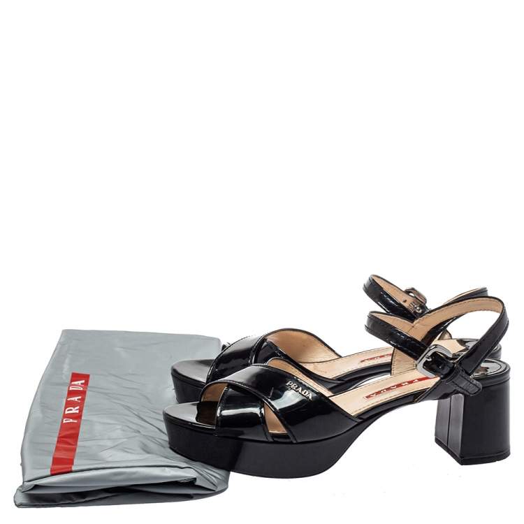 Pre Owned Prada Sport Black Patent Leather Platform Ankle Strap Sandals Size 36.5