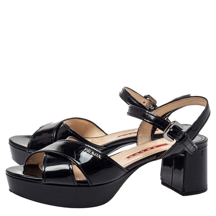 Pre Owned Prada Sport Black Patent Leather Platform Ankle Strap Sandals Size 36.5