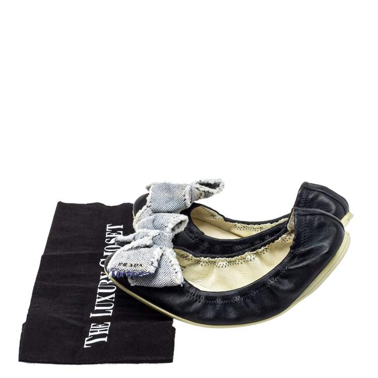 Pre Owned Prada Sport Dark Blue Leather Bow Scrunch Ballet Flats Size 36