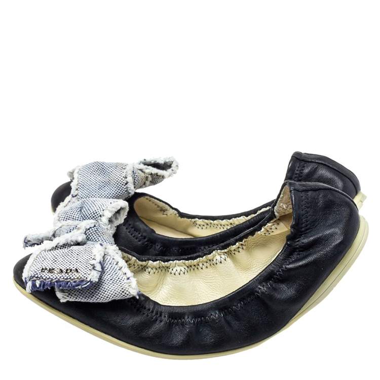 Pre Owned Prada Sport Dark Blue Leather Bow Scrunch Ballet Flats Size 36