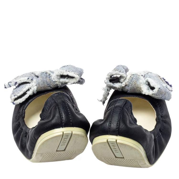 Pre Owned Prada Sport Dark Blue Leather Bow Scrunch Ballet Flats Size 36
