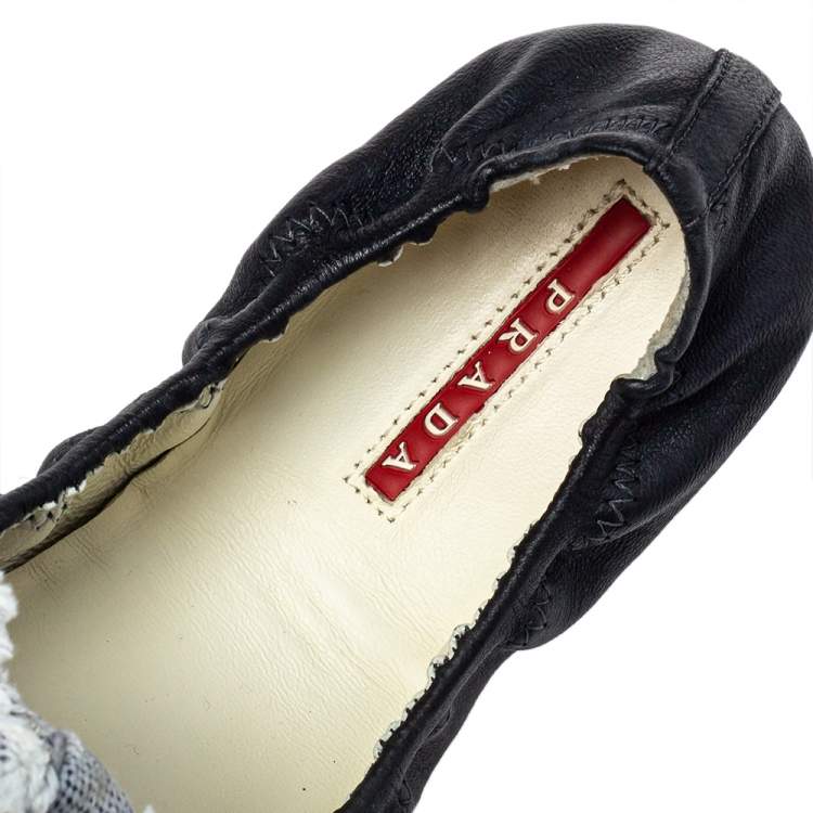 Pre Owned Prada Sport Dark Blue Leather Bow Scrunch Ballet Flats Size 36