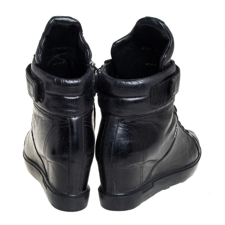 Pre Owned Prada Sport Black Leather Wedge Sneakers Size 40