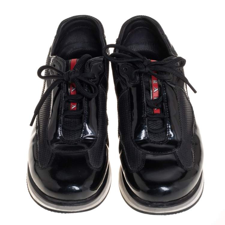 Pre Owned Prada Sport Black Patent Leather And Mesh Low Top Sneakers Size 39.5