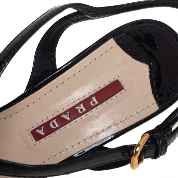 Pre Owned Prada Sport Black Patent Leather Bow Wedge Sandals Size 36