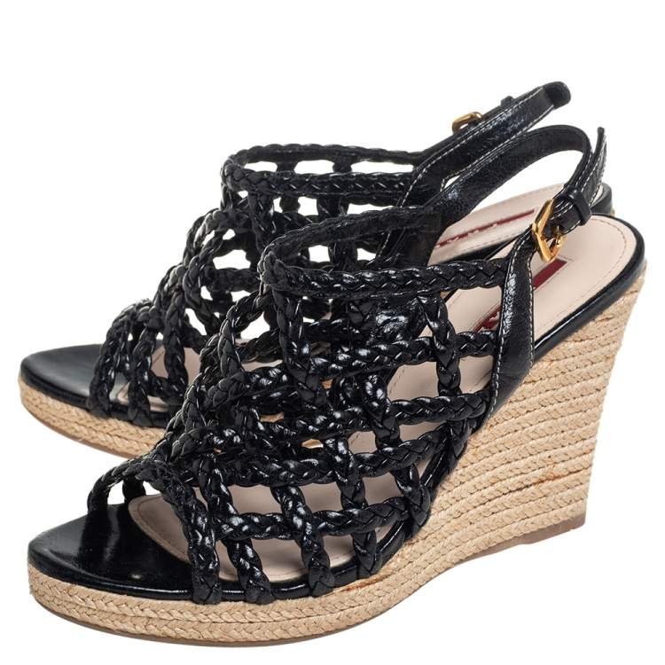 Pre Owned Prada Sport Black Braided Leather Cage Wedge Espadrille Slingback Sandals Size 36