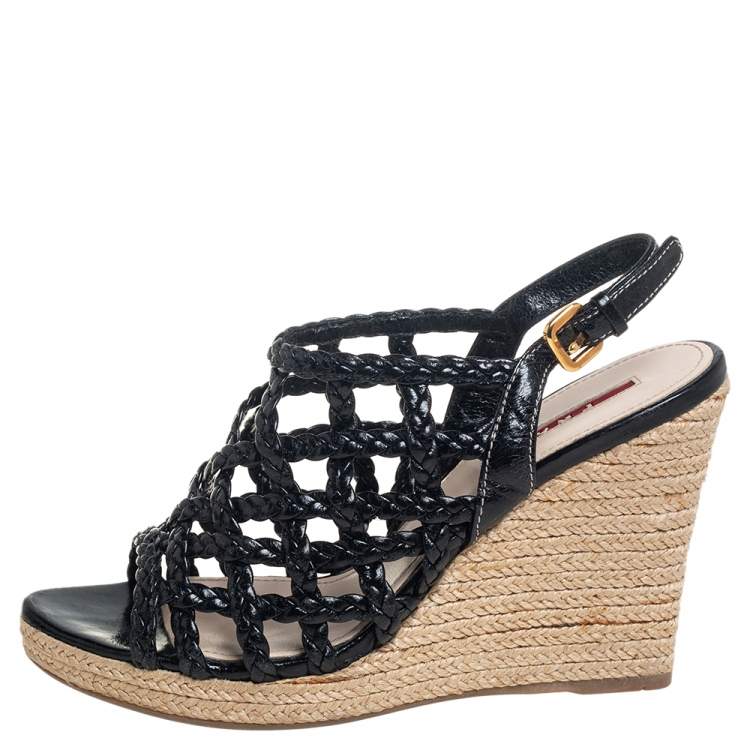 Pre Owned Prada Sport Black Braided Leather Cage Wedge Espadrille Slingback Sandals Size 36