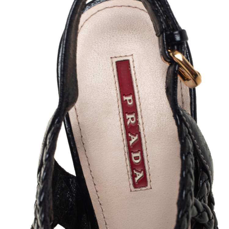 Pre Owned Prada Sport Black Braided Leather Cage Wedge Espadrille Slingback Sandals Size 36