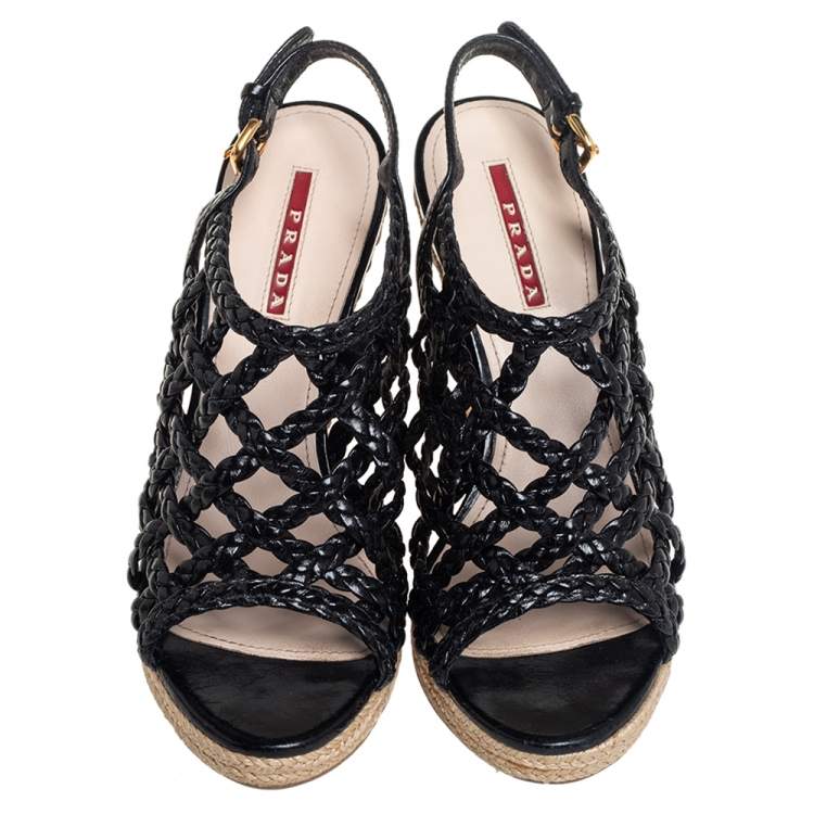 Pre Owned Prada Sport Black Braided Leather Cage Wedge Espadrille Slingback Sandals Size 36
