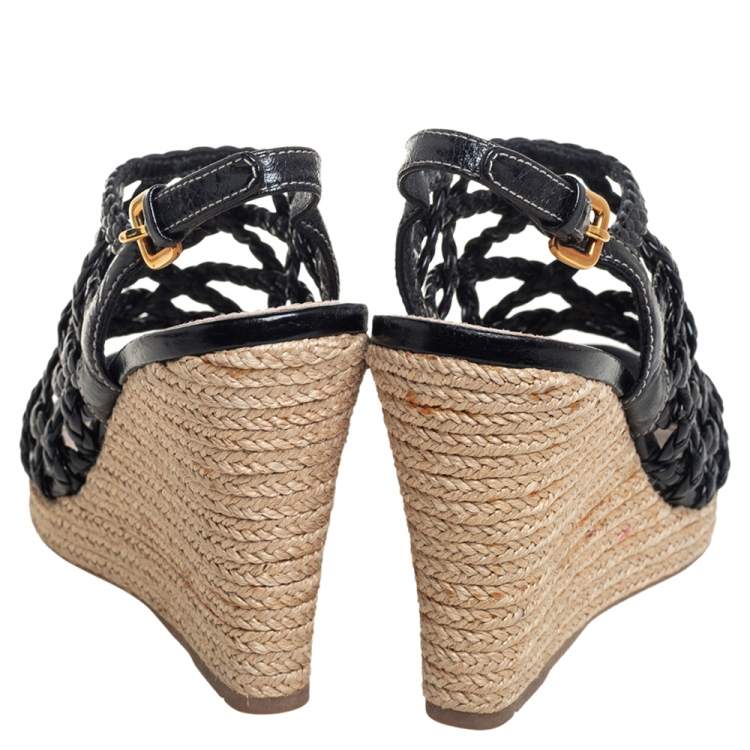 Pre Owned Prada Sport Black Braided Leather Cage Wedge Espadrille Slingback Sandals Size 36