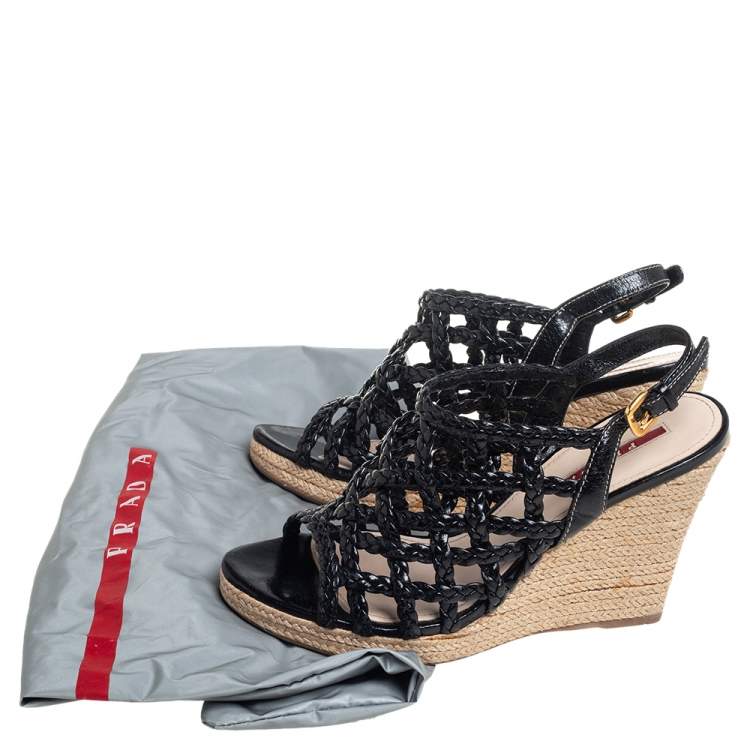 Pre Owned Prada Sport Black Braided Leather Cage Wedge Espadrille Slingback Sandals Size 36