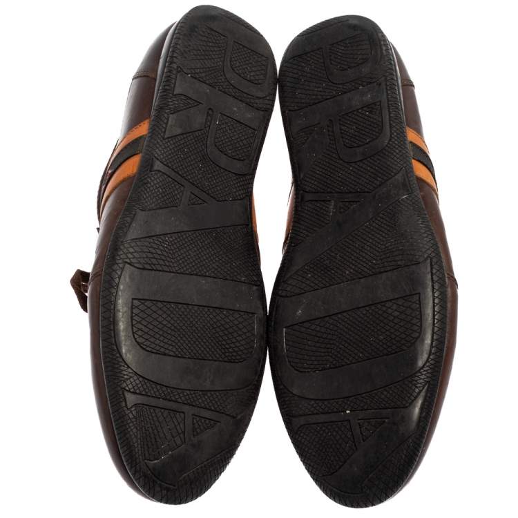 Pre Owned Prada Sport Brown Leather Logo Stripe Low Top Sneakers Size 43